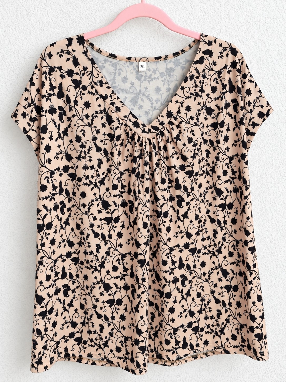 Zeagoo Beige V-Neck Short Sleeve Top with Black Floral Print